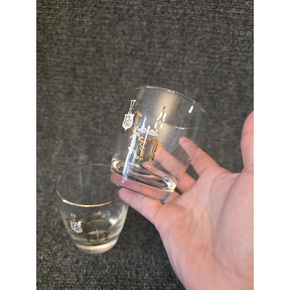 Vtg Shot Glass Rx Caduceus Crest Gold Trim Set Of 2 - Picture 2 of 7